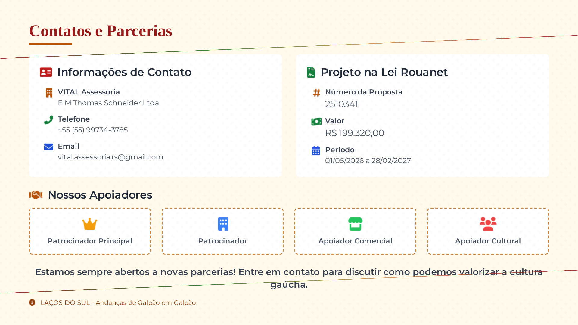 Página 15 - Contatos e Parcerias: dados da VITAL Assessoria e proposta na Lei Rouanet